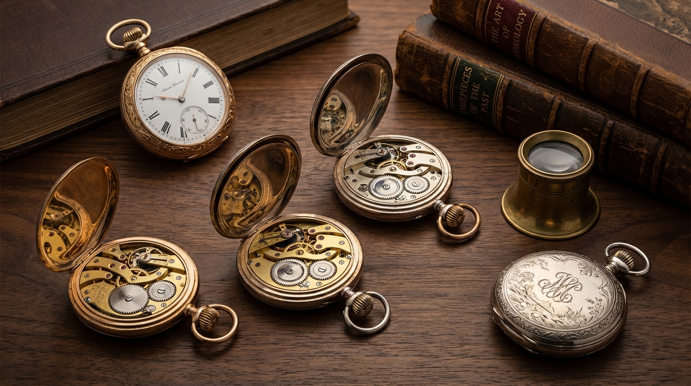 Een selectie van antieke zakhorloges voor verzamelaars op een houten bureau.