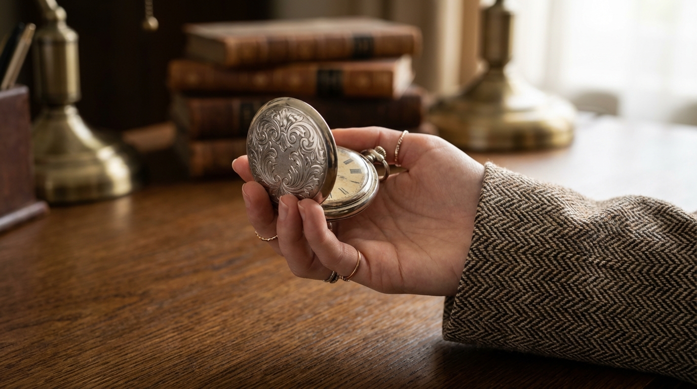 Een elegante zakhorloge voor vrouw, vastgehouden in de hand met een stijlvolle outfit op de achtergrond.