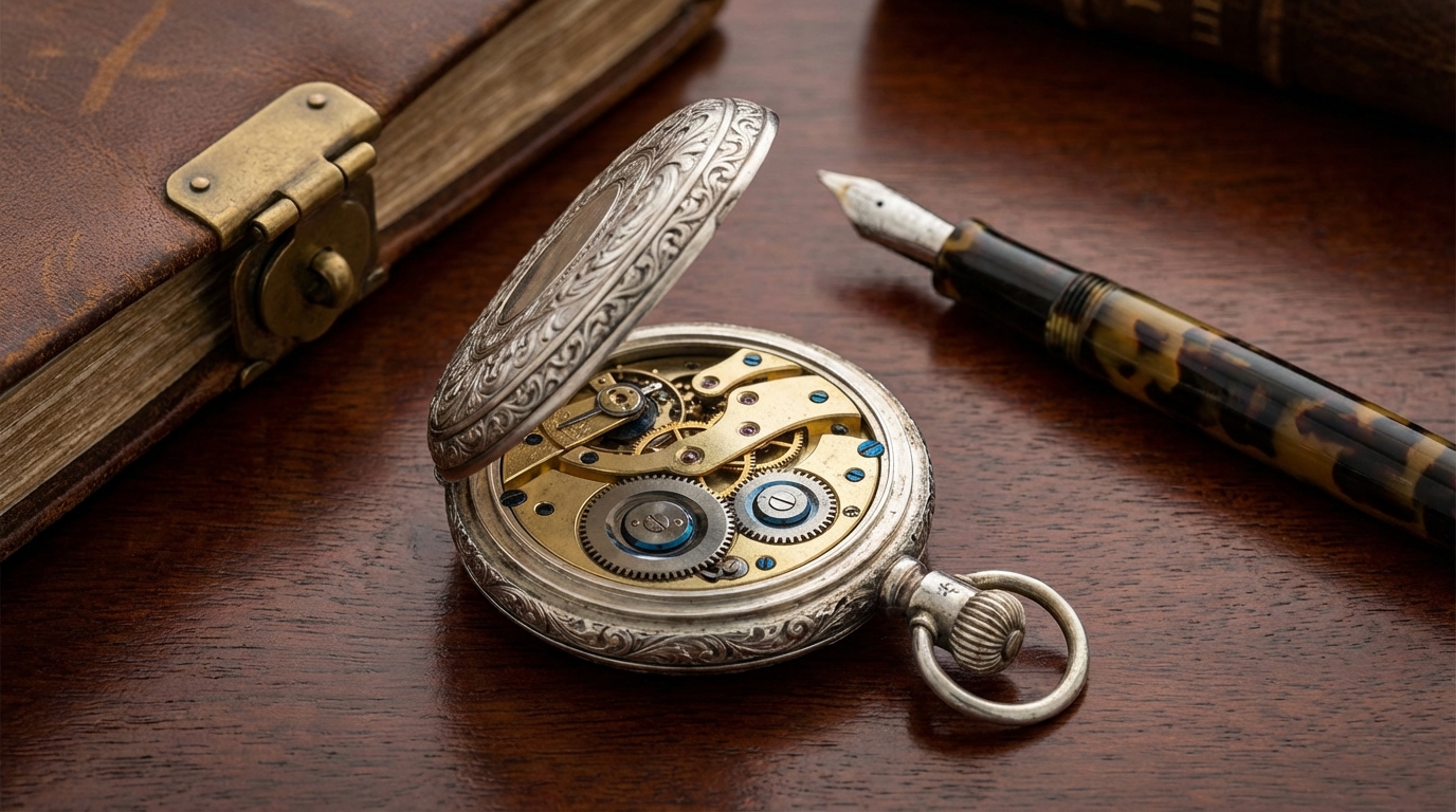 Een antiek zilveren zakhorloge met gravures, liggend op een houten bureau.